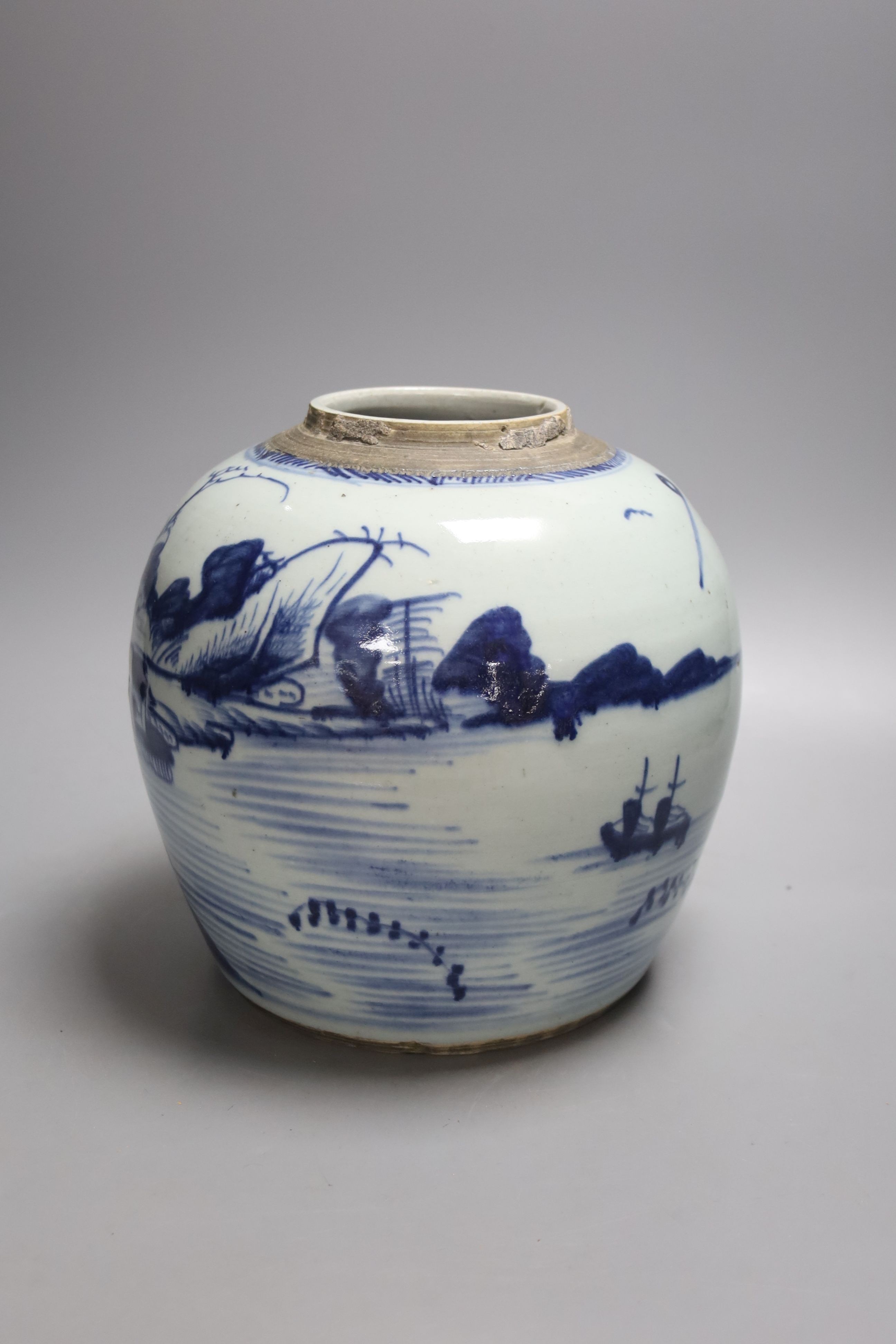 A group of 18th century Chinese export blue and white dishes, plates and a jar, the jar 21.5cm high